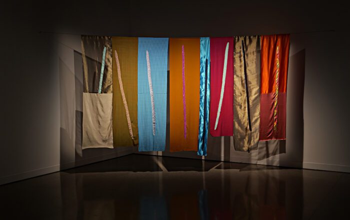 Katie West, Fence lines & Digging sticks, 2022 Found fabric & objects, dimensions variable. John Stringer Prize. John Curtin Gallery. Photographer: Sue-Lyn Moyle.