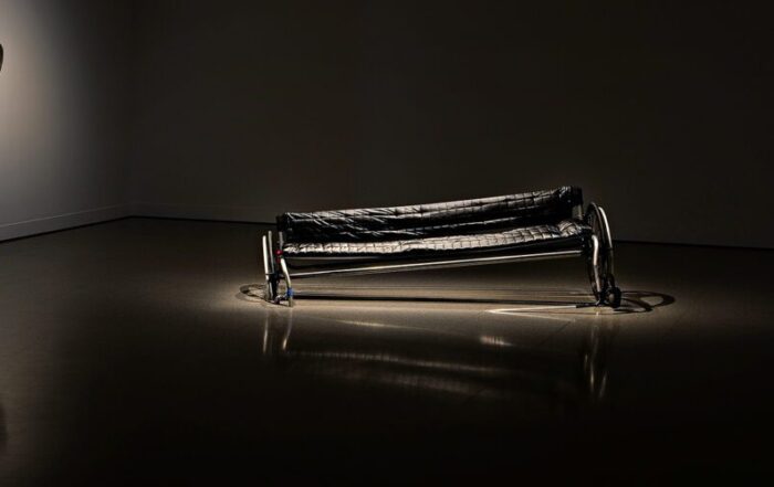 Bruno Booth, Always room for one more on a sinking ship, 2022. Steel, aluminium, rubber, canvas, medical grade plastic, sewing, rope, steel wire, fixings. 199.2 x 63.5 x 75cm. John Stringer Prize. John Curtin Gallery. Photographer: Sue-Lyn Moyle.